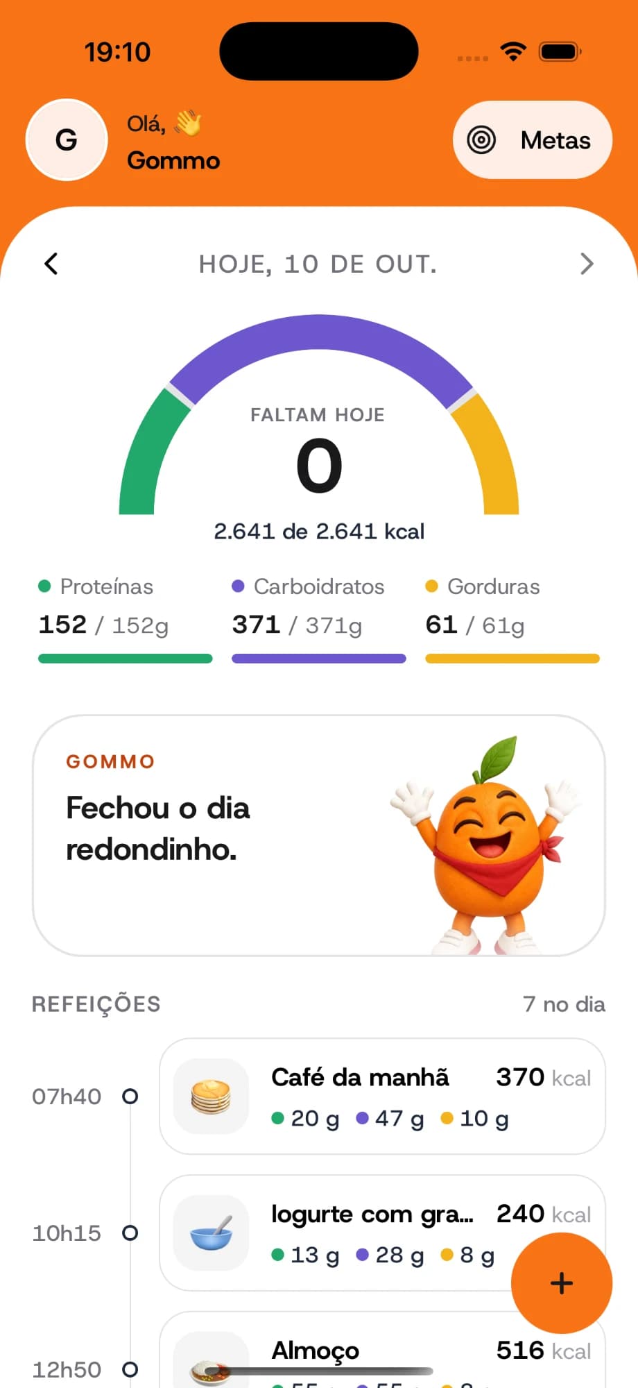 Tela inicial com a meta do dia batida
