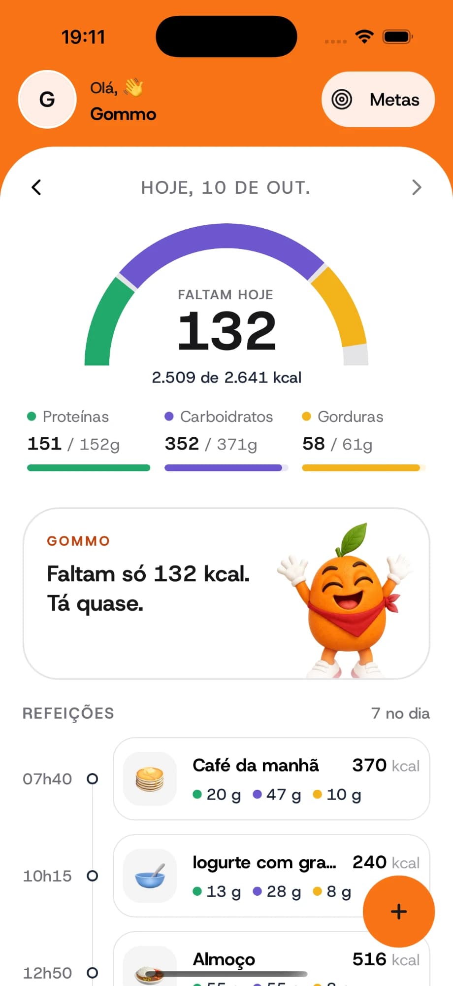 Tela inicial com 132 kcal restantes no dia